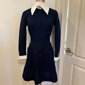 Vintage Butte Knit Navy Blue and White Long Sleeve Knee Length Dress